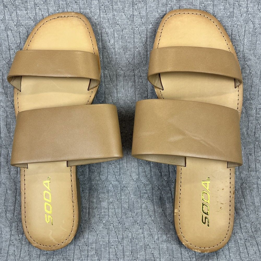 Soda Karen-S Sandals Womens 7.5 Natural Tan Two Strap Slide Flat Minimalist